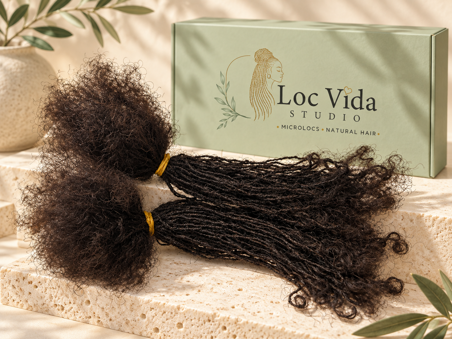 Handmade LOC VIDA microloc extension samples displayed with LOC VIDA packaging