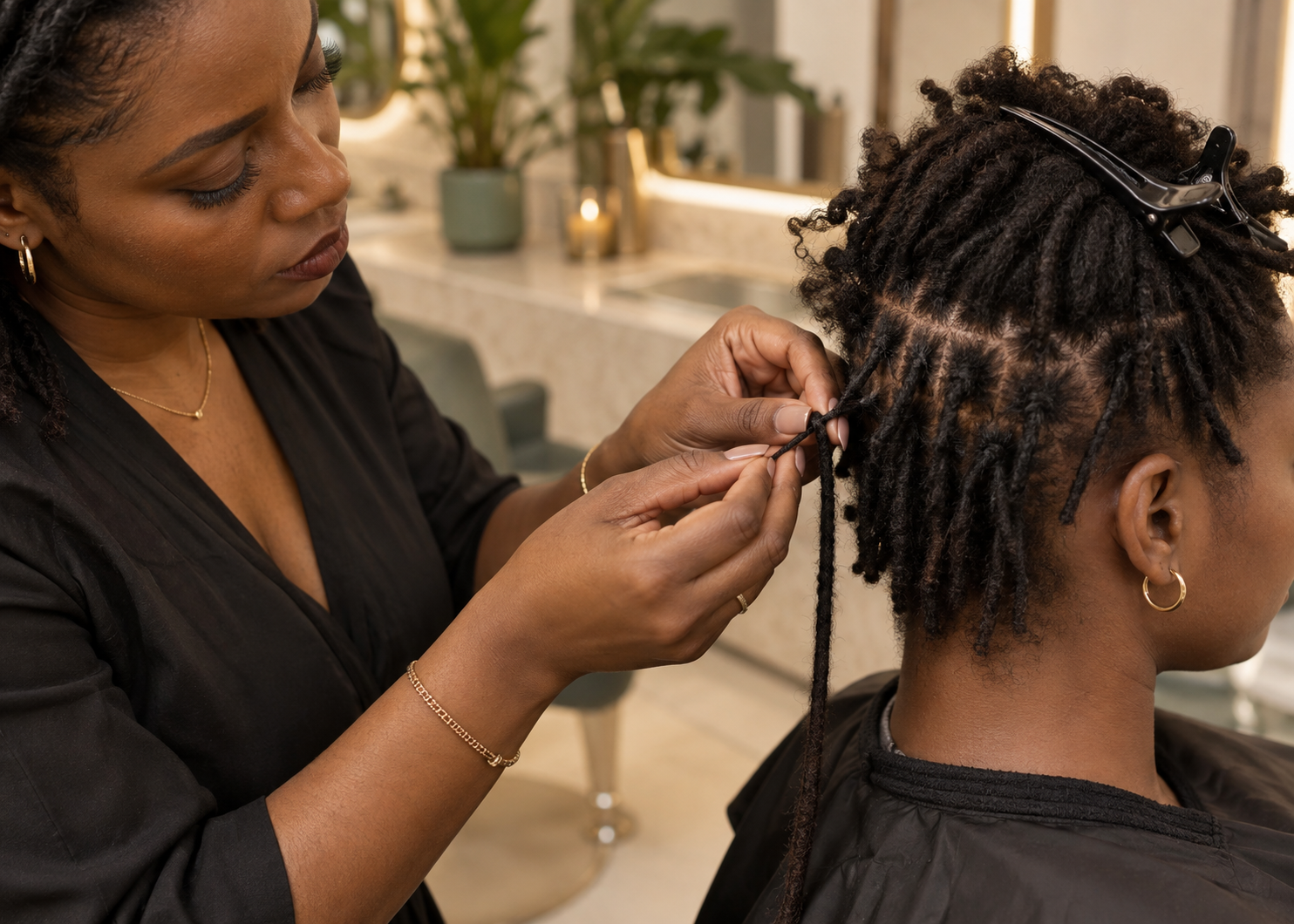 A LOC VIDA stylist attaching a permanent loc extension