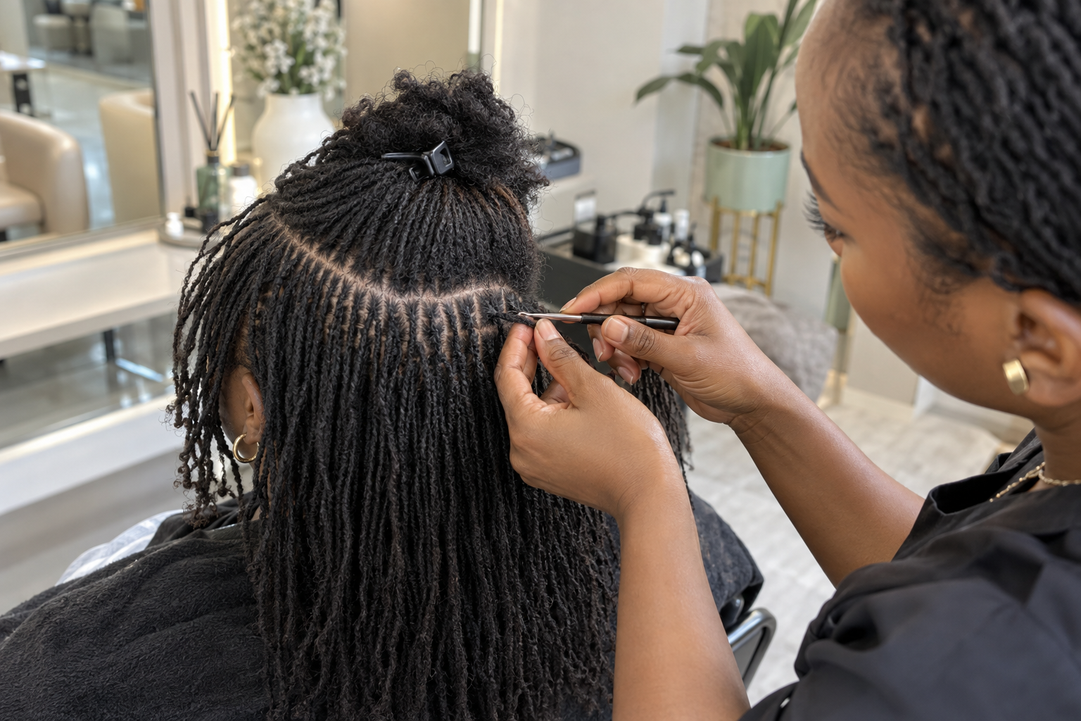 A LOC VIDA loctician carrying out a precise microloc installation