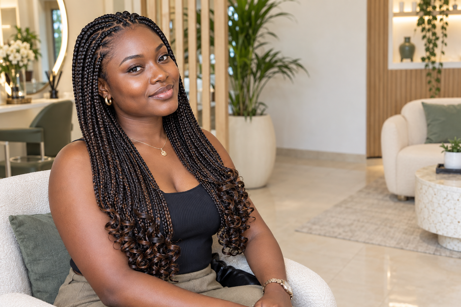 A LOC VIDA client wearing lightweight knotless braids with curled ends